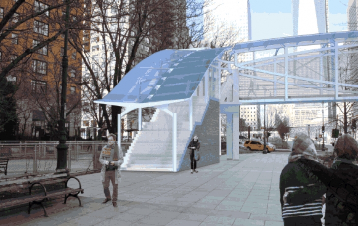 The current design of the bridge's western staircase includes two landings, 22 steps and a glass-panel covering. Rendering: Economic Development Corp. The current design of the bridge's western staircase includes two landings, 22 steps and a glass-panel covering. Rendering: Economic Development Corp.